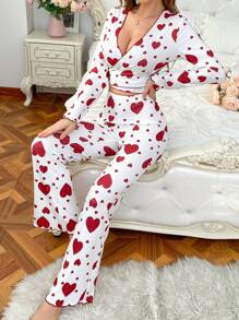 浪漫心形印花交叉 V 领长袖女士睡衣套装 - 彩色 - 查看 5