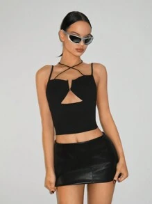 SHEIN ICON Women's Hollow Neck Metallic Detail Black Top - Black - View 3