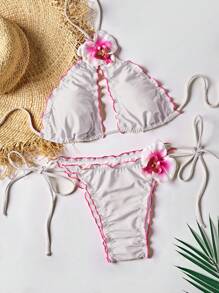 Nuevo conjunto de bikini de señora con volantes de unicolor, decoración de flor 3D y cruce de lazos, para vacaciones de verano en la playa