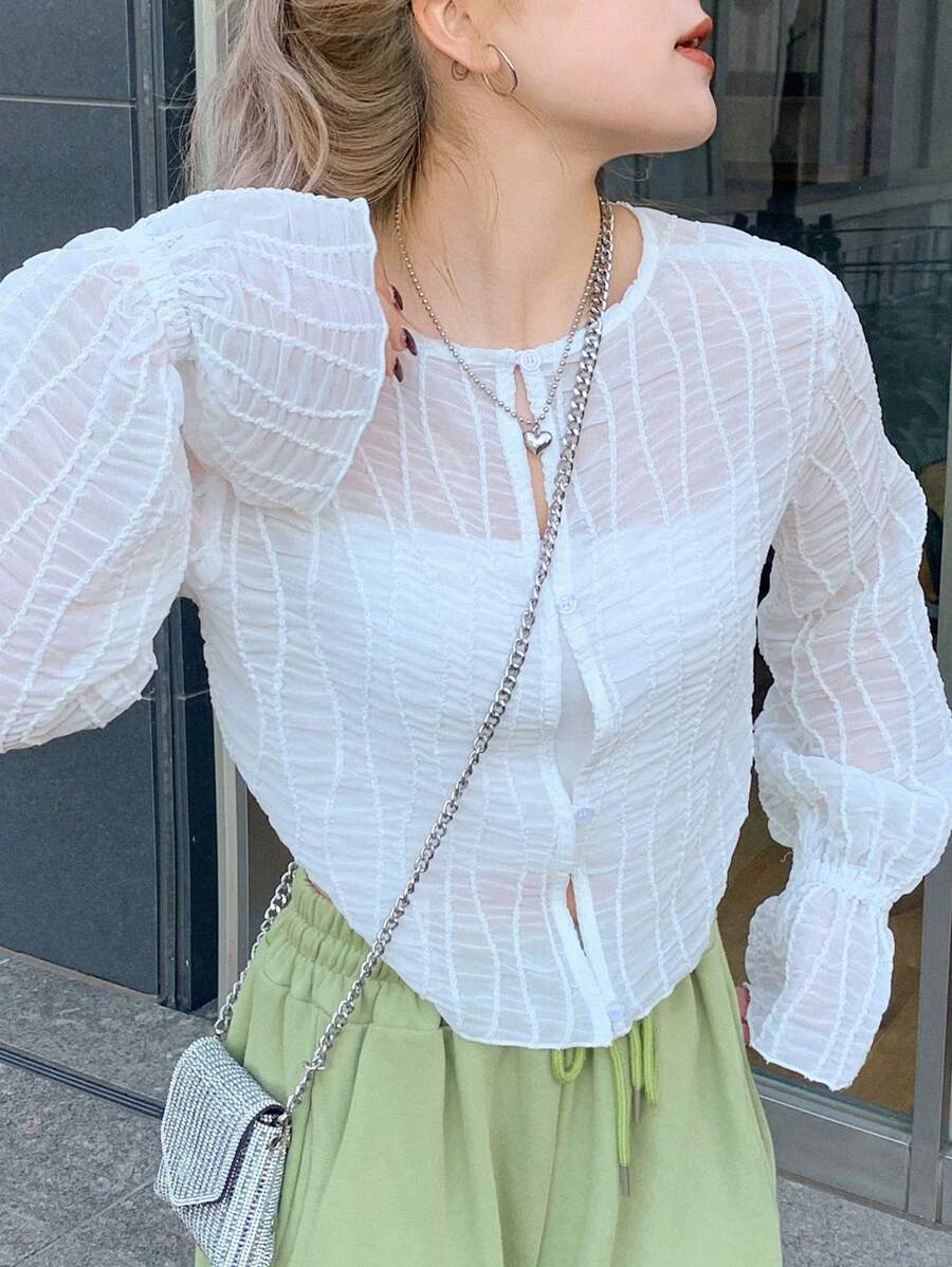 FRIFUL 女式白色短款上衣，纹理面料，前开衩，节日氛围，夏季长袖女式上衣，秋季女装 - 白色 - 查看 1