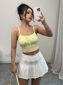 Rafferiza Fashionable Delicate Floral Embroidered Camisole Top With Tie - Yellow - View 5