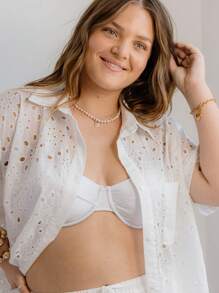 Aralina Curve Embroidery Summer Vacation Beach Short-Sleeve Button-Front Blouse - White - View 4