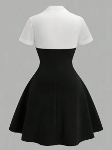 Sunspun Plus Size Elegant Holiday Party Sweet Sexy Black & White Patchwork Long Sleeve A-Line Dress, Birthday Party, Wedding Guest, Cocktail, Formal Occasion