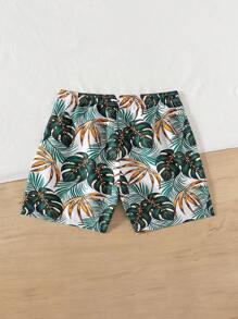 SHEIN Teen Boy Summer Tropical Plant Print Drawstring Waist Swimming Shorts