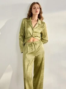 Ocili Leisure Premium Jacquard Collar Long Sleeve & Pants Ladies Sleepwear Set, Comfortable