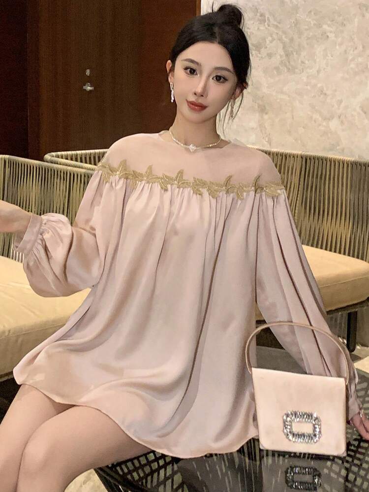 Women's Elegant Spring/Summer Mesh Lace Patchwork Loose Long Sleeve Shirt Boho