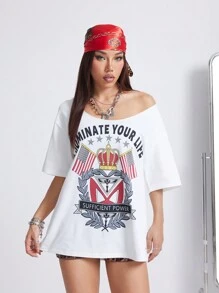 SHEIN EZwear 女士春夏日常街头风复古图案露肩 T 恤 - 白色 - 查看 4