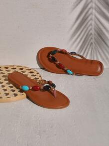 SHUZIA Women's Fashion Casual Comfy Thone Flat Sandals With Color Stone Decor -Punk Chic, Edgy & Fashionable - Brown - View 8