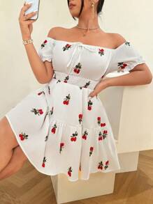 SHEIN Clasi Vestido de fiesta con bordado de cerezas, hombros descubiertos, mangas abullonadas y cintura ceñida, para mujer tallas grandes, ideal para el Día de San Valentín - Blanco - Ver 5
