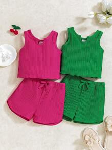 Set de 4 piezas de top sin mangas y pantalones cortos de unicolor informal para niñas bebé, verano - Multicolor - Ver 8