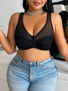 Plus Size Front Hook Closure Lingerie Bras & Wire-Free Lingerie Bras - Black - View 5