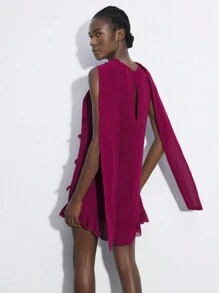 Maija 优雅圆领无袖 3D 花卉装饰女式修身短款褶皱迷你连衣裙，适合音乐节、派对、复古风格、情人节 - 中紫紅色 - 查看 5