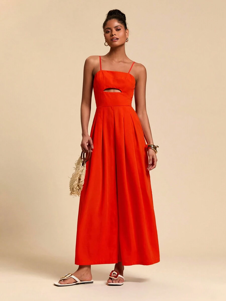 Travachic 女士宽松露背橙色吊带阔腿连体裤 - 橘色 - 查看 1