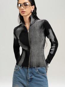 LYSMO 2025 New Arrival Ribbed Knit Zip-Up Cardigan, Vintage Streetwear Style, Slim Fit In Fall/Winter - Black - View 3