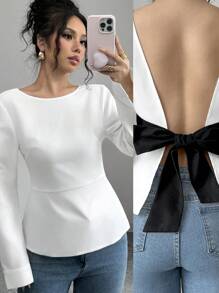 SHEIN Essnce 女士蝴蝶结后背长袖衬衫，白色长袖衬衫，情人节约会的理想之选 - 黑與白 - 查看 1