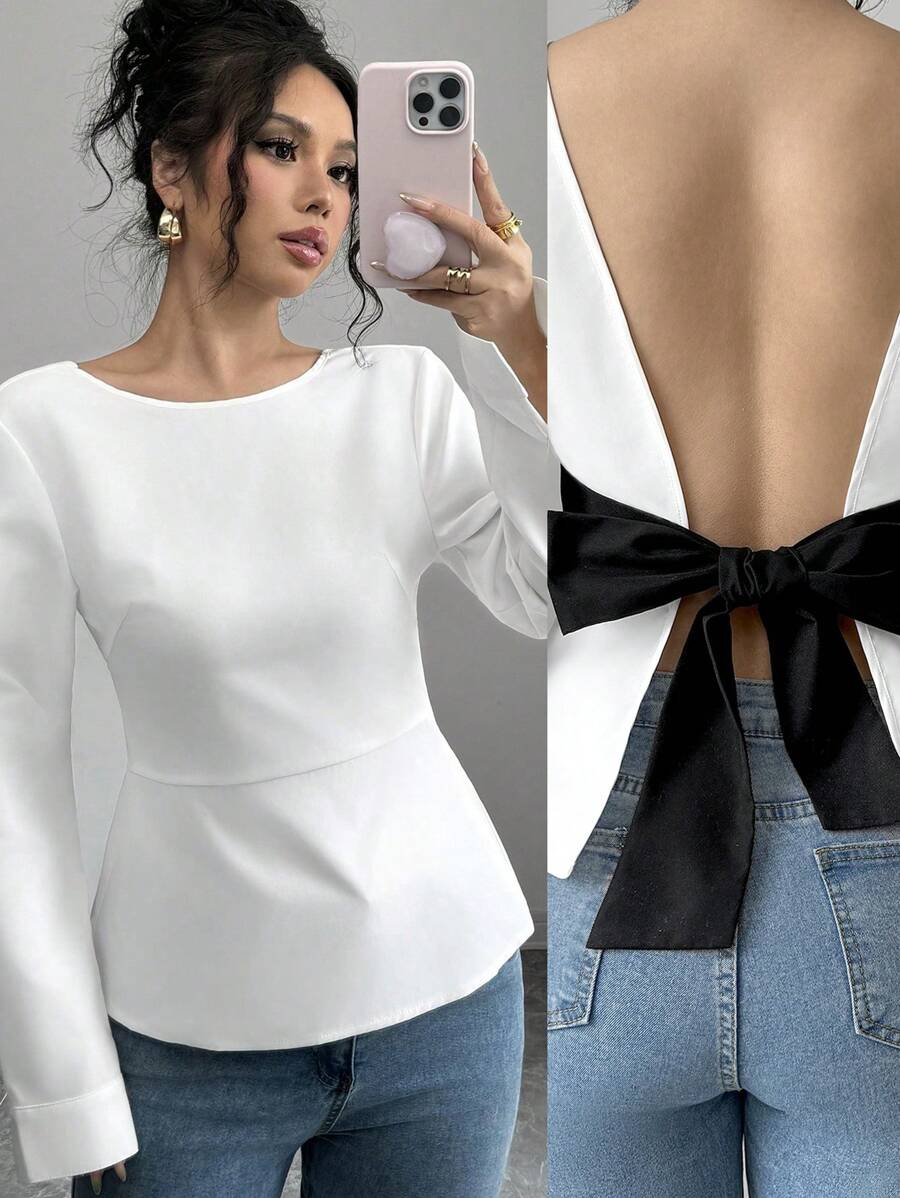 SHEIN Essnce 女士蝴蝶结后背长袖衬衫，白色长袖衬衫，情人节约会的理想之选 - 黑與白 - 查看 1