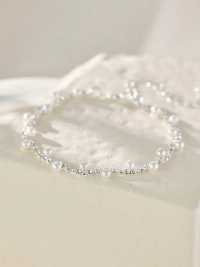 1pc Elegant Wavy Faux Pearl & Crystal Embellished Bracelet, Suitable For Women Wedding Party Or Daily Wear Winter Gifts