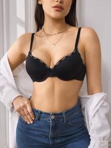 EasyFave Women's Minimalist Heart & Letter Trim Bra - Black - View 2
