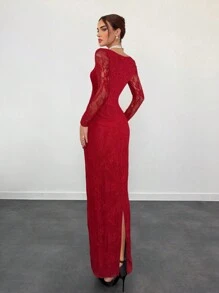 Aloruh Women's New Autumn/Winter Party Date Night Sexy S-Shaped Lace Long Sleeve Bra Cup Fishbone Square Neck Bodycon Dress, Black,Summer Dresses For Women - Burgundy - View 2