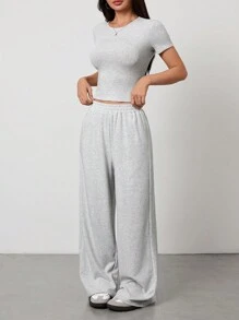 SHEIN PETITE Casual Versatile Solid Color Short Sleeve T-Shirt And Pants Set