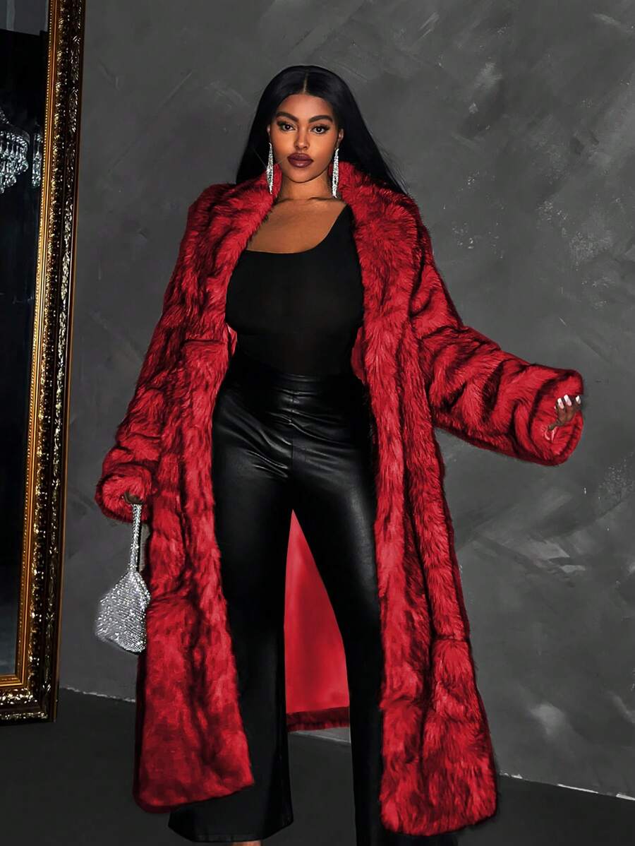 Maweii Plus Size Solid Color Long Sleeve Loose Casual Fluffy Jacket For New Year Clothes - Red - View 1