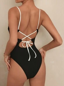 Swim Chiccia 1 bộ đồ bơi một mảnh buộc dây sau lưng dành cho nữ, dành cho kỳ nghỉ hè ở bãi biển - Đen và trắng - Xem 3