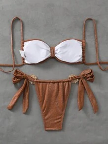 Swim SXY Women Summer Solid Shiny Metallic Shell Embellished Halter Sexy Two Pieces Bikini Set - Brown - View 6