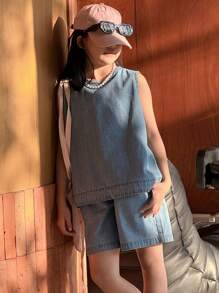 Dazy Kids Conjunto de niña preadolescente de mezclilla - Azul - Ver 8