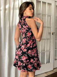 Firerie 女士浪漫蓝白花卉 A 字短款夏季连衣裙 - 黑色 - 查看 2