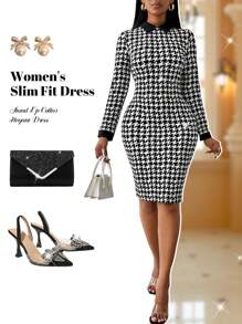 Fleurora Vestido de oficina, iglesia, informal y elegante de talla grande para primavera y verano. Vestido de tweed con estampado de pata de gallo, cuello de camisa, para mujer de talla grande