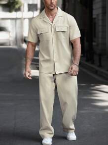 Manfinity CasualCool Plus Size Men 2pcs/Set Solid Color Short Sleeve Pocket Shirt And Pants Suit - Apricot - View 6