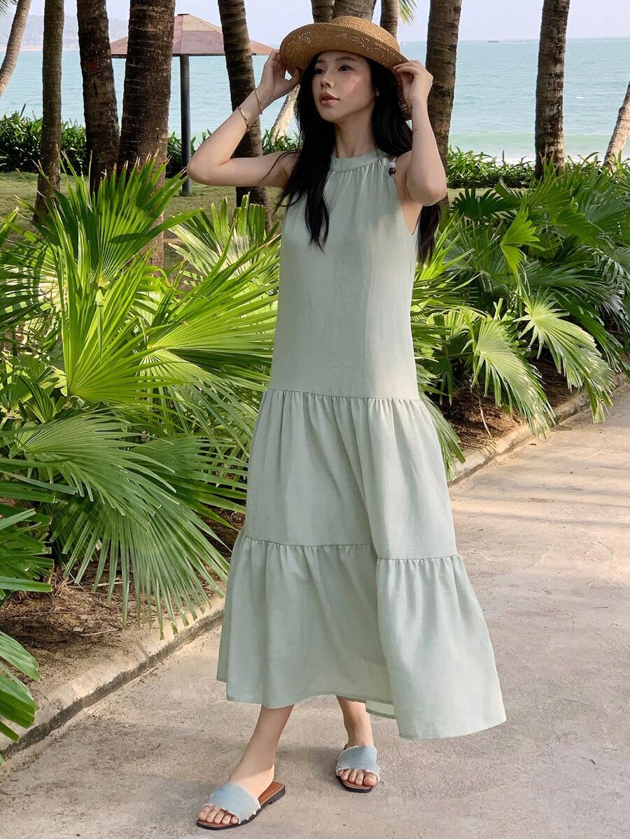 DAZY Women Solid Color Ruffled Hem Halter Midi Dress Summer Sundress,Casual Women Dresses - Green - View 1