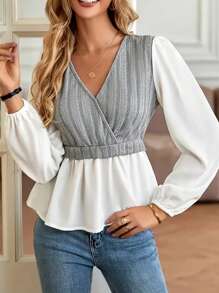 SHEIN Frenchy Women's Autumn Crossover V-Neck Long Sleeve Layered Ruffle Hem Fashionable Top - Grey - View 1