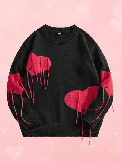 Street Life Men's Casual Loose Fit Heart Pattern Crew Neck Knitted Pullover Sweater, Fall/Winter