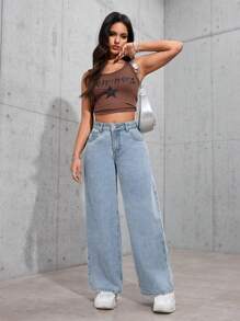 SHEIN PETITE 休闲洗水直筒牛仔裤 - 藍色 - 查看 5