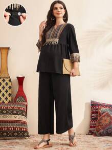 SHEIN Maternity Patchwork Strap 3/4 Sleeve V-Neck Top And Wide Leg Pants 2 Pieces Loose Set - Black - View 1