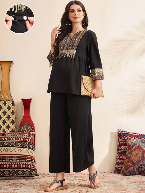 SHEIN Set de 2 bucăți de maternitate cu bretele în mozaic cu mâneci 3/4, decolteu în V și pantaloni largi