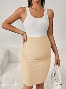 SHEIN Solid Beige Maternity Pencil Skirt- Comfortable And Stretchy Ribbed Knit Skirt For Everyday Wear