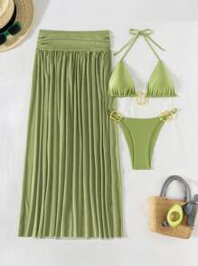 Bonvoyette 3 pièces/Set Femmes Sexy Bikini Brillant de Couleur Unie avec Col Halter, Décoré d'un Anneau Métallique Asymétrique et Robe de Plage Longue en Mesh, Tenue de Bain pour Vacances et Villégiature