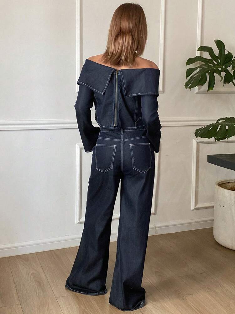 Solid Color Crop Off Shoulder Long Sleeve Wide Leg Jumpsuit, Women Casual Leisure Denim Suit For Spring Summer Holiday,Fall Clothes