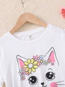 Tween Girl Casual Cute Cartoon Cat & Floral Print Matching T-Shirt And Tapered Pants 2 Pieces Set