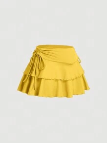 SHEIN MOD Chân váy xếp ly eo rút dây đơn sắc thường ngày cho nữ - Màu vàng - Xem 3