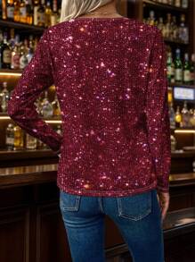 SHEIN LUNE Camiseta de manga larga con cuello en V para mujer con estampado digital de diamantes de cristal de ancho completo, estilo casual para primavera y otoño para atuendo de primavera