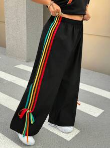 CovetEZ Plus Size Black Rainbow Elastic Waist Wide Leg Pants - Black - View 5