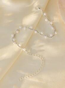 1件优雅波浪形仿珍珠水晶镶嵌手链，适合女性参加婚礼、派对或日常佩戴，亦可作为圣诞节冬季礼物。 - 銀色 - 查看 2