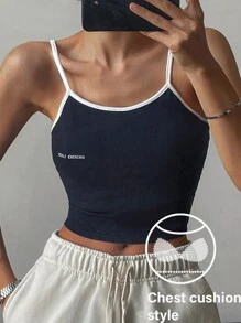 DAZY 女士撞色边饰字母印花吊带背心 - 藏蓝色 - 查看 6