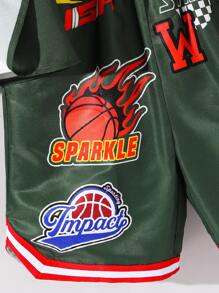 SHEIN Set de 2 piese cu tricou și pantaloni scurți cu mânecă scurtă, model casual, pentru baschet, pentru băieți, preadolescenti