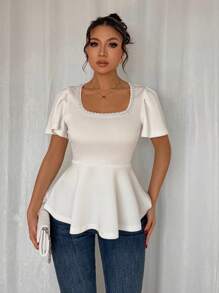 Chiquease Women's Solid Crew Neck Beaded Waist Ruffle Hem Elegant T-Shirt - White - View 4