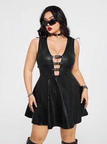 SHEIN ICON 加大码黑色蛇皮纹理深 V 领收腰 A 字形连衣裙性感 Y2K 露背迷你连衣裙朋克哥特 PU 皮革连衣裙