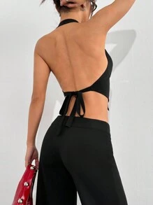 SHEIN EZwear Women Old Money Style Black Solid Backless Halter Tank Top And Pants Set - Black - View 6